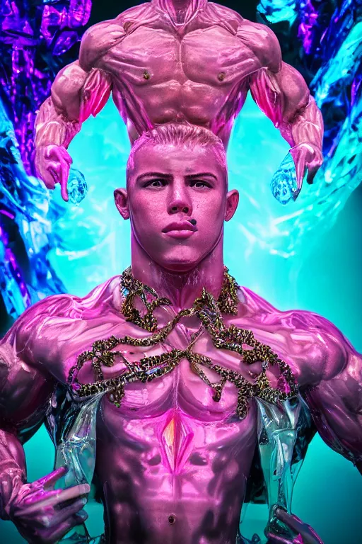 Image similar to hyper detailed ultra sharp fullbody photo of baroque and cyberpunk transparent pink gem sculpture of a muscular seductive muscular nick jonas feeling muy cachondo, muy dotado, iridescent humanoid deity wearing pink plastic seethrough cloak, holding a rainbow tiger gem, blue diamond, glowing pink face, crown of white diamonds, cinematic lighting, photorealistic, octane render 8 k