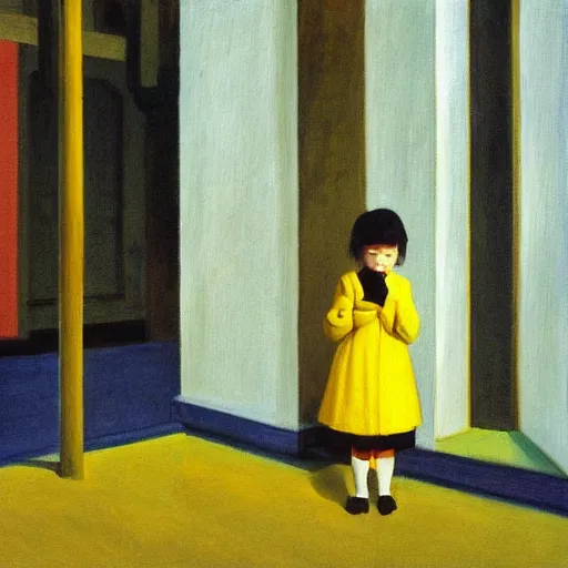 Prompt: a painting of a little girl with short black hair and wearing a yellow coat alone in the inner courtyard of an abbey by hopper and de chirico