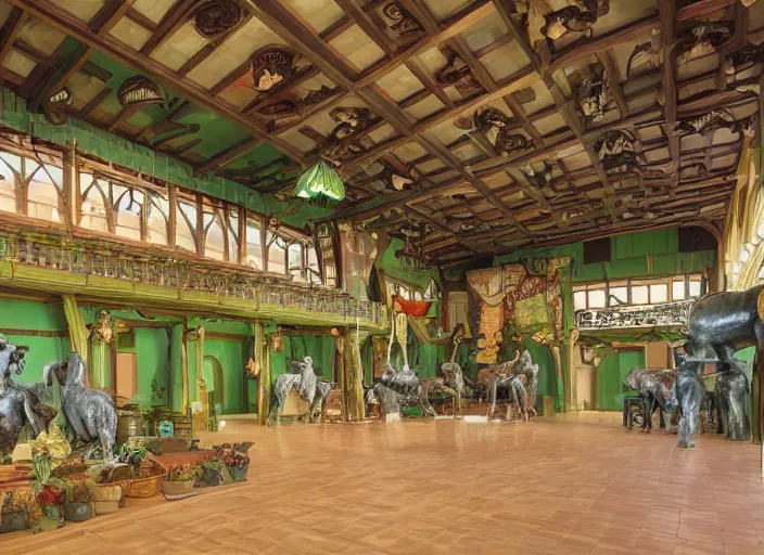 Image similar to main hall with horse statues, green and brown decorations by studio ghibli painting