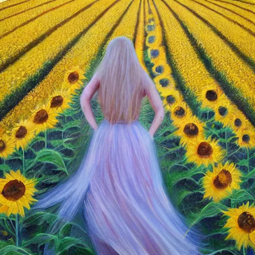 Prompt: a girl in really long dress slowly walking through amazing tall sunflower field, hair flowing, early morning lighting, elegant, subtle, intricate details, real masterpiece, oil on canvas, by somsak anong