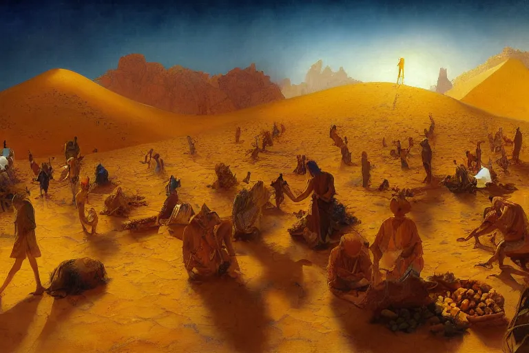 Image similar to detailed digital painting of a crowd of jews in the desert harvesting white manna, yellow orange and blue color scheme, by karol bak craig mullins and ross trann