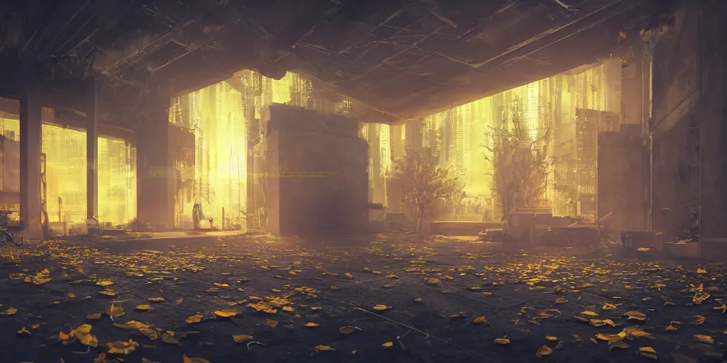 Image similar to A yellow baby rabbit is painting, cyberpunk temple, sunset with falling leaves, Tyndall rays, low angle, light through the mist, dramatic lighting, photorealistic, cinematic lighting, high detail, cinematic feel, high octane, 4K, Unreal Engine, digital render, intricate, ultra realistic, concept art