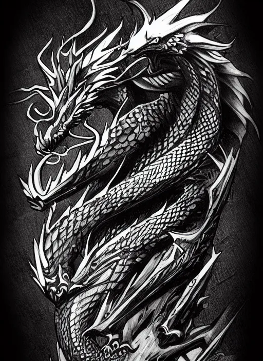Image similar to dragon, sketch tattoo, dark, black theme, japan style, highly detailed, masterpiece, trending on artstation, golden ratio, cinematic romantic magical, perfect intricate