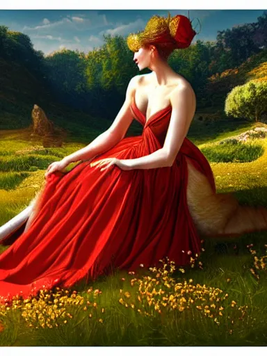 Prompt: venus, wearing a magnificent dress, sitting on a red divan in the middle of a beautiful green plains during spring. intricate, elegant, highly detailed, digital painting, artstation, concept art, sharp focus, illustration, by justin gerard and artgerm, 8 k