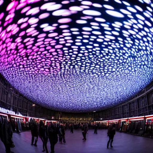 Prompt: high quality professional canon wide - angle lens photo of large scale immersive public art installation by refik anadol inside printworks london venue width large led screen on ceiling, mirror on floor and big sphere for video projection on center.. installation about deep nebula space and proto planet. planet visually reacts people with color fluid wave on the surface.