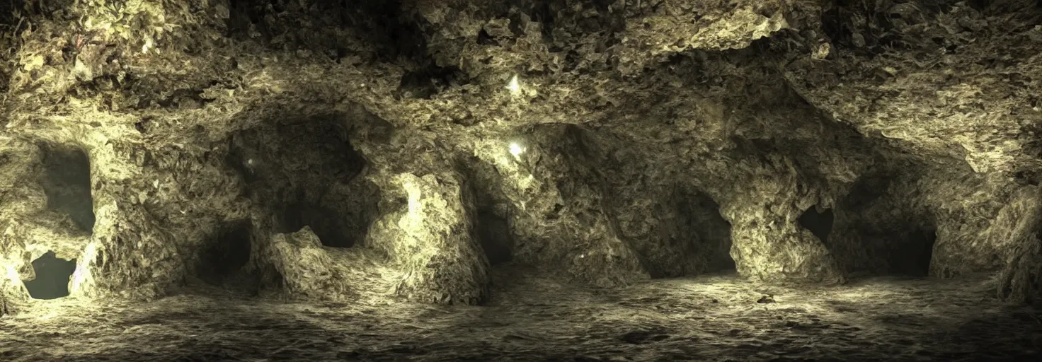 Image similar to Deep dark cave with magical crystals, hyperrealism, no blur, 4k resolution, ultra detailed-i
