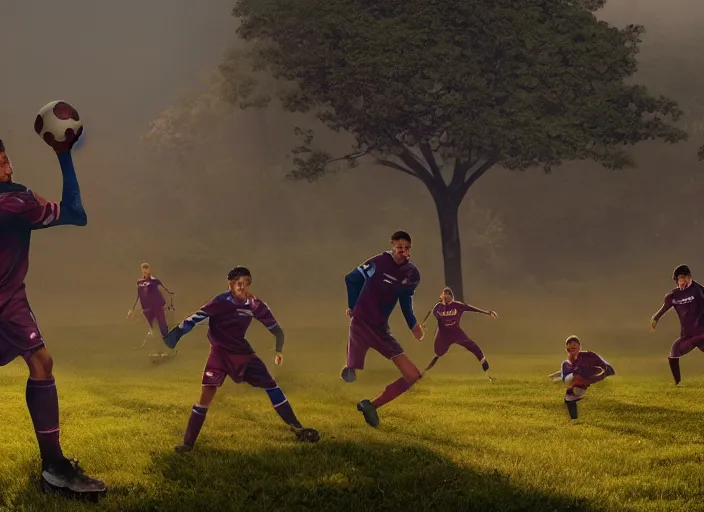 Image similar to big motion picture scenery artwork by robert svebeck, rendering of several young wizards playing in a football on a mystical field, matte painting, trending on artstation and unreal engine