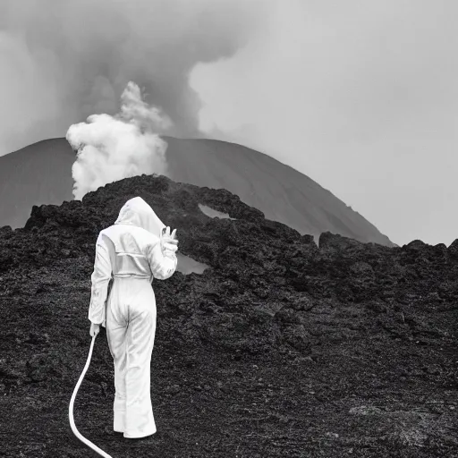 Image similar to a woman with white suit, she wear red eyed gasmask, in volcano, standing close to volcano, fire raining, professional photography, black and white, cinematic, eerie
