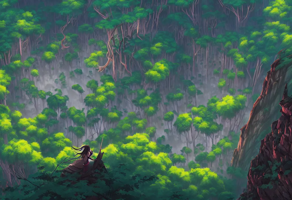 Prompt: high view of the background of a forest that has an endless pit in the bottom of the image, stylised painting, visible brush strokes, forest, medieval architecture, dynamic lighting, aesthetics, smooth, d & d, fantasy, asymmetrical, intricate, elegant, matte painting, by makoto shinkai borderlands and by feng zhu rossdraws, fan art, cartoon style