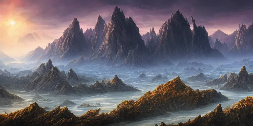 Image similar to The eldritch landscape with mountains in the background and great river down the middle, Sci-Fi fantasy desktop wallpaper, painted, 4k, high detail, sharp focus