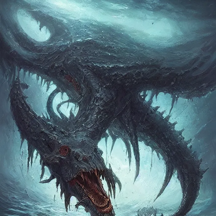 Image similar to sea monster large horror under the ocean d & d, d & d style, trending on artstation, intricate, highly detailed, vivid painting, colorful, art by greg rutkowski