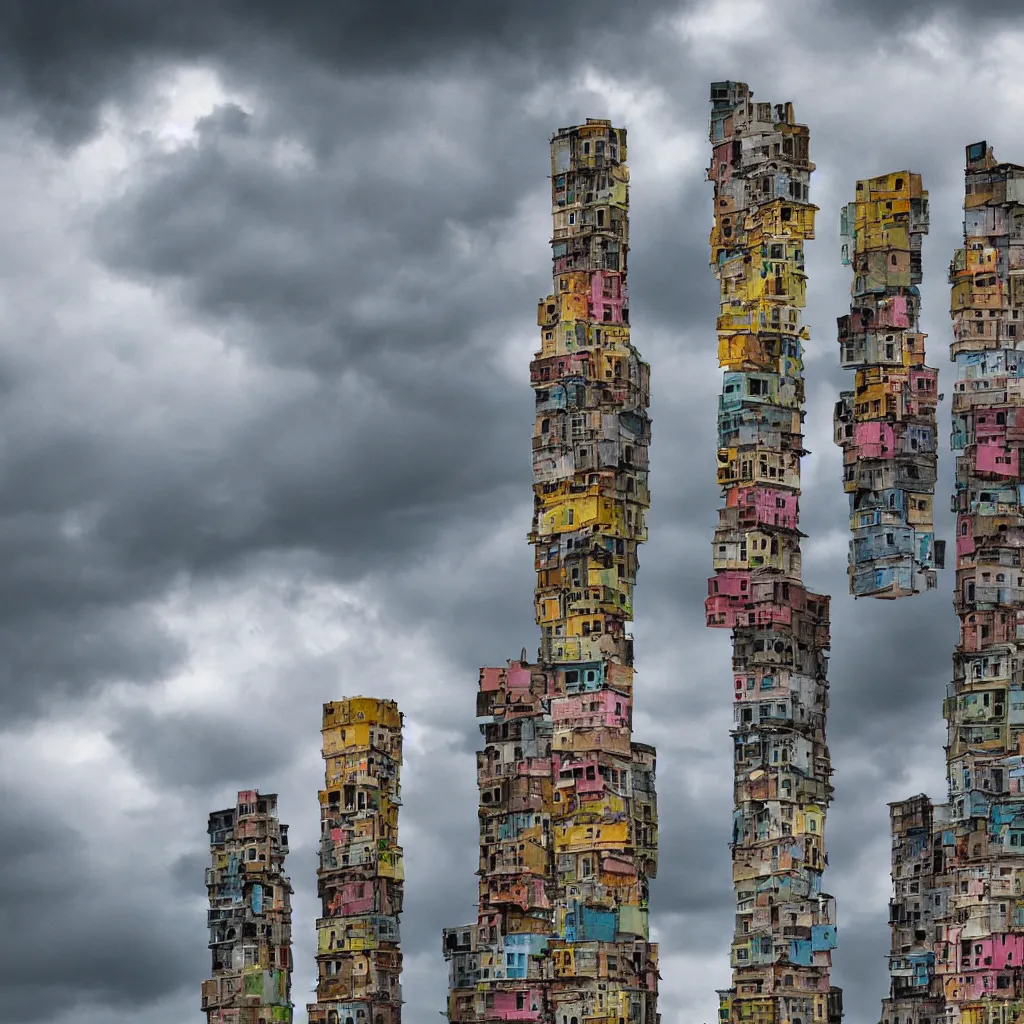 Image similar to close - up towers made up of colourful squatter housing, bleached colours, dramatic cloudy sky, dystopia, mamiya, very detailed, ultra sharp, photographed by john chiara