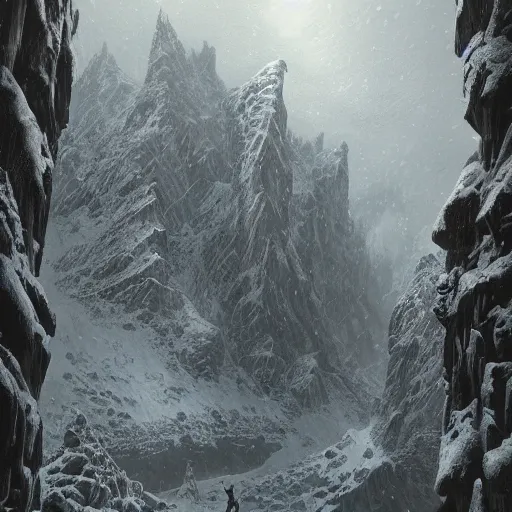 Prompt: an creature with long arms and long neck standing in the blizzardy mountains, Matte painting , detailed painting, greg rutkowski