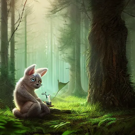 Image similar to a cute furry creature with long ears standing in a forest, michael kutsche, cinematic lighting