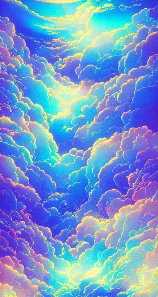 Prompt: blue pastel background with intricate and vibrant iridescent line work + the secret of the sky by yoshitaka amano, hiroshi yoshida, moebius, artgerm, ryohei hase, bright pastel colors, blue and gold dappled sunlight, + trending on artstation + wow! clouds glorious clouds + incredible + black and iridescent gothic illustration + exquisite detail