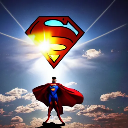 Prompt: superman floating in front of the sun, facing the camera, 4 k, highly detailed, extreme zoom