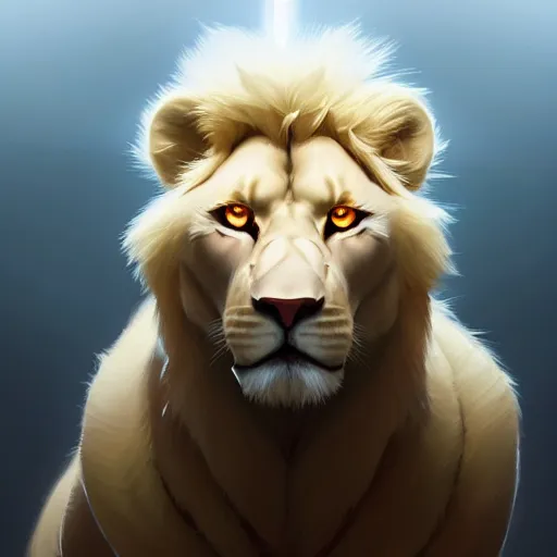 Image similar to portrait of an anthro albino lion, game design fanart by concept artist gervasio canda, behance hd by jesper ejsing, by rhads, makoto shinkai and lois van baarle, ilya kuvshinov, rossdraws global illumination radiating a glowing aura global illumination ray tracing hdr render in unreal engine 5