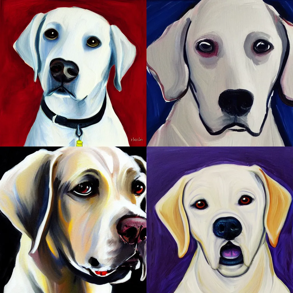 Prompt: white labrador retriever face, excited, painting style by helen clark, black background