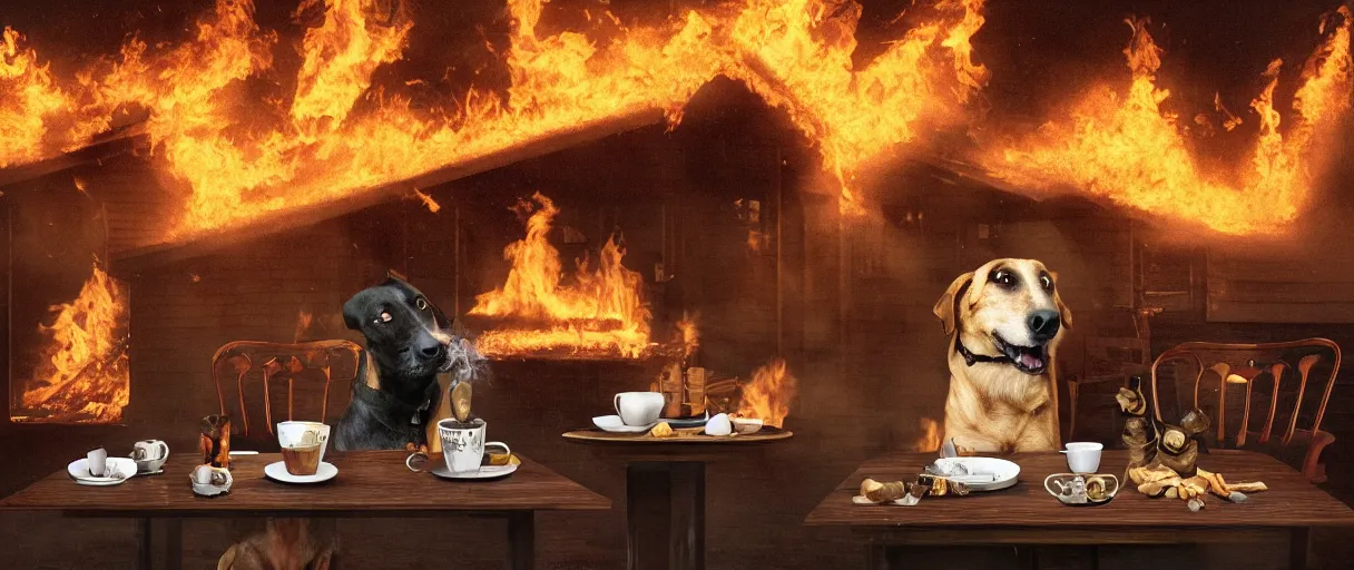 Prompt: a photograph (flash on) of a huge fire on a dining room in the background, in the foreground a relaxed anthropomorphic dog surrounded by flames, sitting on a wooden chair at a table (no fire at all there), there is a cup of coffee on the table, a lot of flames behind the dog, black smoke instead of the ceiling, no watermark