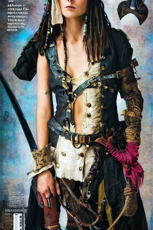 Image similar to a swashbuckling woman pirate portrait in national geographic, her clothing is sheer and futuristic, painted with iridescent bodypaint