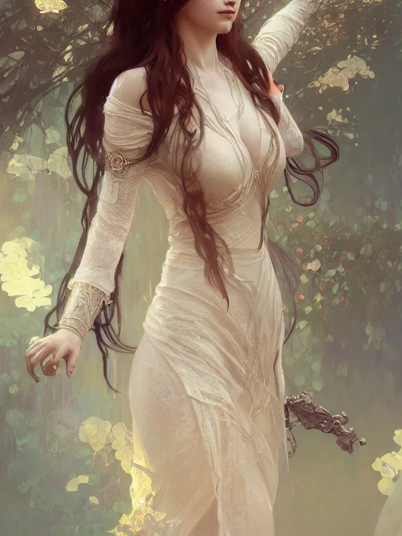 Prompt: Full body elysian Maiden of radiant light wearing ivory lace dress 4k digital illustration by Ruan Jia by Mandy Jurgens, award winning art, Artstation, art nouveau aesthetic, Alphonse Mucha background, intricate details, realistic, full view, Artstation, CGsociety