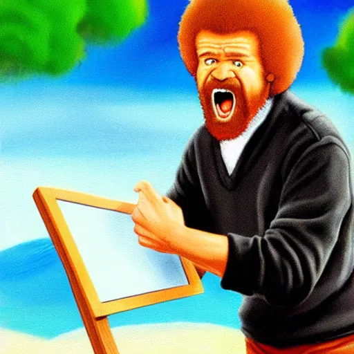 Image similar to angry bob ross screaming at his tablet