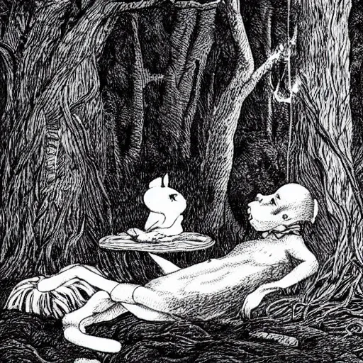 Image similar to a deep dark tangled forest, a white rabbit smoking a cigarette while reclining, a lingering smoke cloud, childrens illustration, by edward gorey, by gustav dore