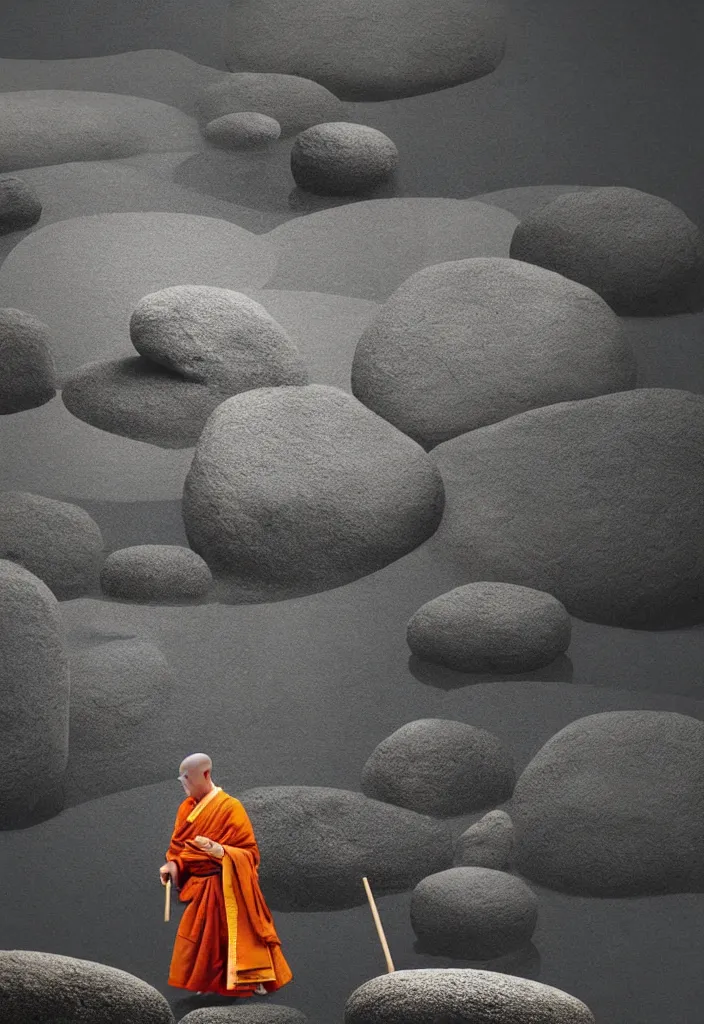 Image similar to portrait of a lone monk raking stones in a beautiful serene zen garden kyoto, japan, a collage painting, in the style of wes anderson, lola dupre, david hockney, isolated on negative white space background dark monochrome fluorescent neon spraypaint accents volumetric octane render