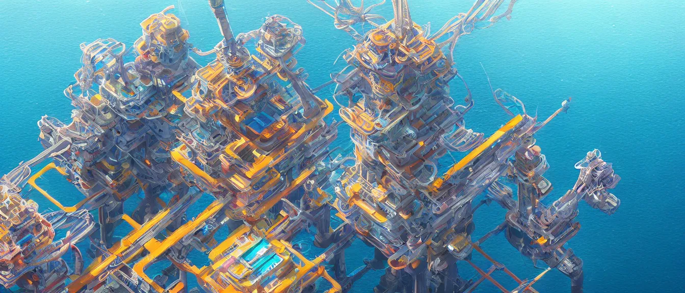 Prompt: futuristic oil platform on a colorful ocean, unreal engine, fantasy art by greg, loish, rhads, ferdinand knab, makoto shinkai, lois van baarle, ilya kuvshinov, rossdraws, tom bagshaw, global illumination, radiant light, highly detailed intricate environment, isometric, onstudio ghibli, octane render, 8 k