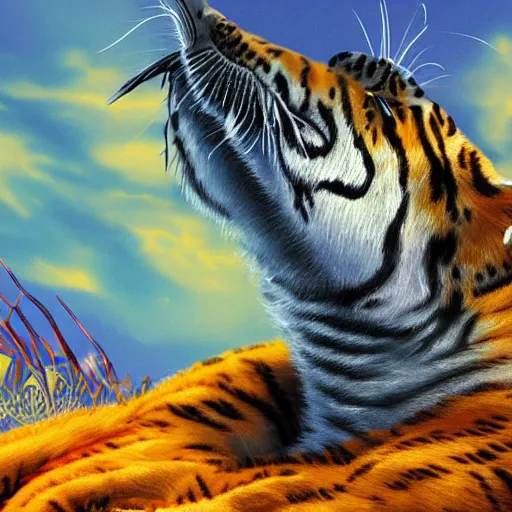 Image similar to a fuzzy dolphin with tiger stripes, matte fantasy painting,