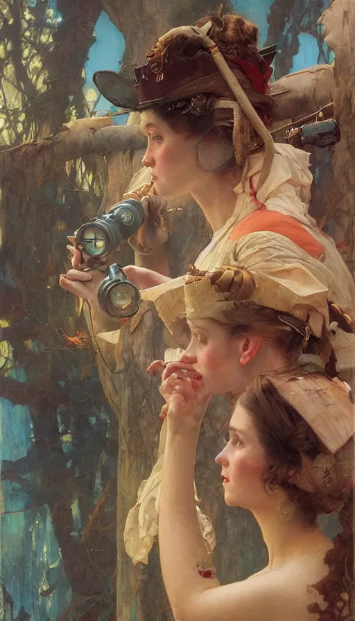 Image similar to hyper realistic photographer looking through camera, magical, painted by james gurney, norman rockwell, tom bagshaw, mucha, gaston bussiere, craig mullins, j. c. leyendecker 8 k