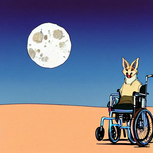 Image similar to a study of cell shaded cartoon of a jackal in a wheelchair from howl's moving castle ( 2 0 0 4 ) on a desert road, in front of a big moon, full body, wide shot, very muted colors, post grunge, studio ghibli, laurie greasley, highly detailed, deviantart, art by artgem