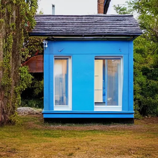 Prompt: a house with no doors and glowing blue windows