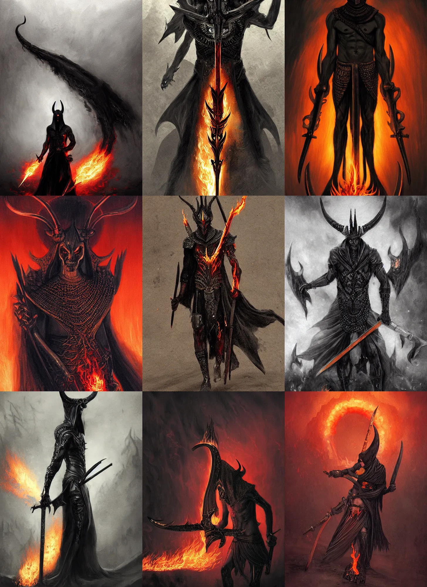 Prompt: black skinny shape with horns holding flaming sword, hell, egyptian clothes, intricate, moody, dark, highly detailed, artstation, concept art, sharp focus, illustration, morhbacher, barlow, beksinski