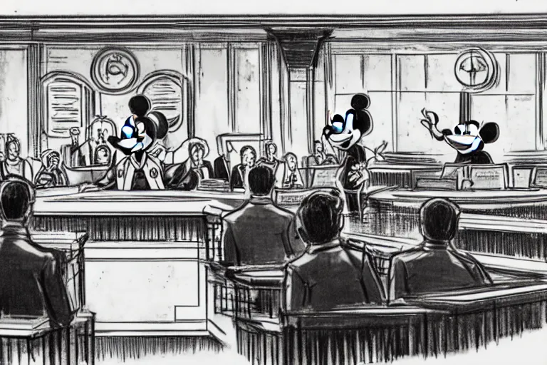 Image similar to detailed background courtroom sketch of vintage disney character lawyer mickey mouse presenting evidence of copyright infringement to the judge bench court room wooden serious dark tone