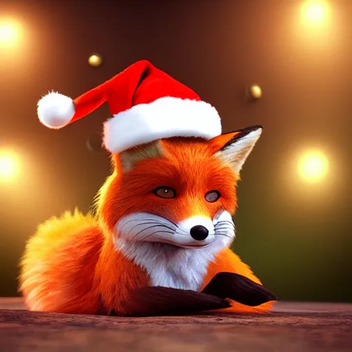 Prompt: cute fox, wearing santa hat, realistic cinematic lighting, establishing action shot, ultra detailed, hyper realism, photo, octane render