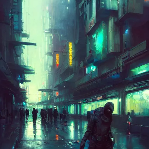 Prompt: sidewalk of a cyberpunk city, painted by raymond swanland, painted by greg rutkowski, painted by jeremy mann, painted by igor kieryluk, trending on artstation