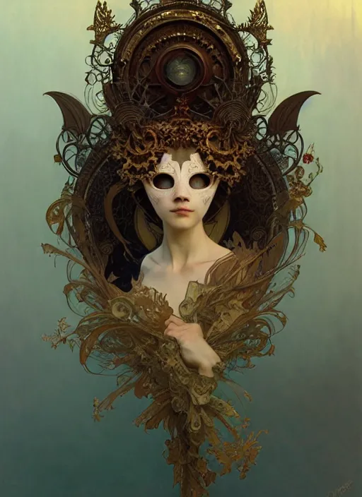 Image similar to floating theater mask, hovering, ornate, detailed, intricate, elegant, highly detailed, digital painting, artstation, concept art, smooth, sharp focus, illustration, art by Krenz Cushart and Artem Demura and alphonse mucha