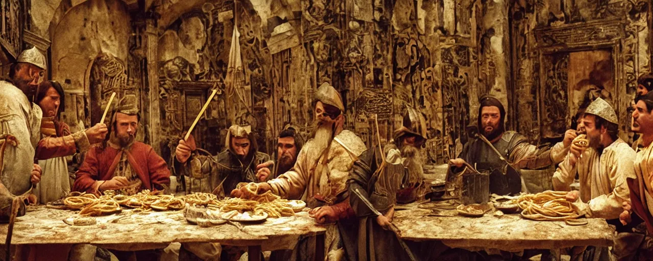 Prompt: eating spaghetti during the seige of constantinople, 7 0 0 ad, small details, intricate, 5 0 mm, cinematic lighting, photography, wes anderson, film, kodachrome