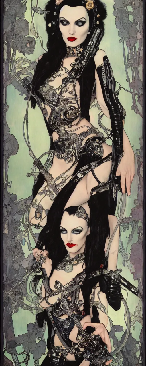 Image similar to a beautiful and captivating punk rock art nouveau style portrait of morticia adams as a futuristic leatherpunk rebel soldier by olivia de bernardinis, travis charest and alphonse mucha, mixed media painting, photorealism, extremely hyperdetailed, perfect symmetrical facial features, perfect anatomy, ornate declotage, circuitry, technical detail, confident expression, wry smile