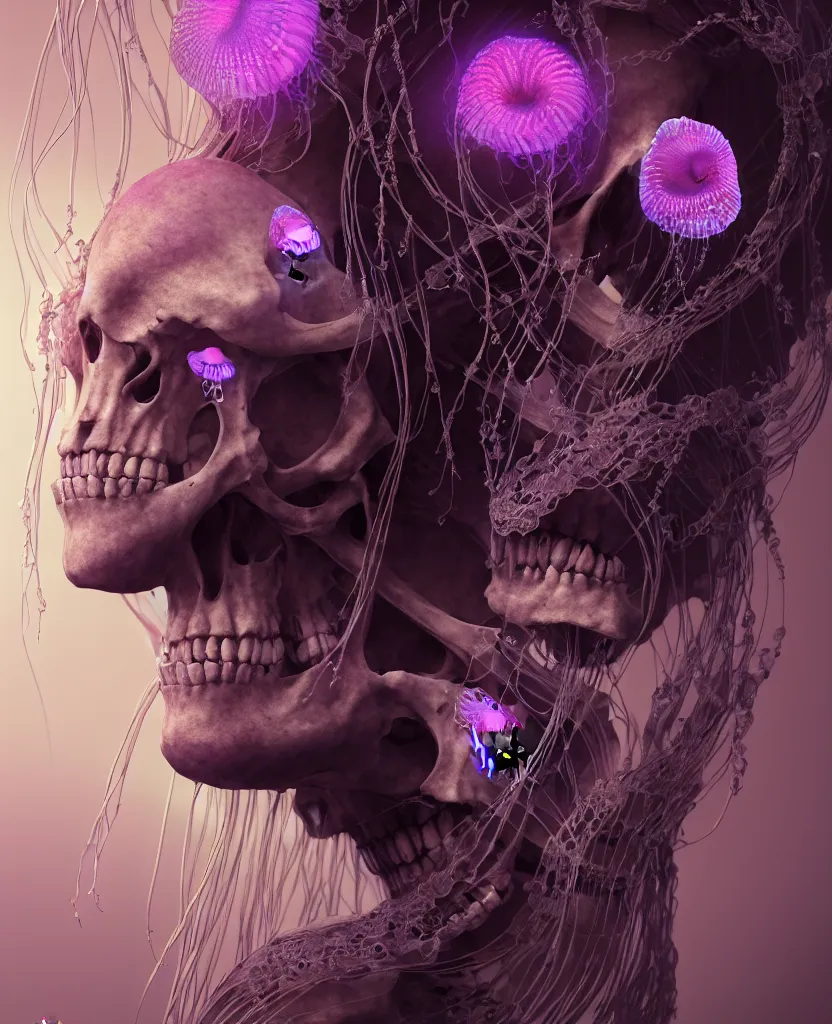 Image similar to goddess close-up portrait human skeleton, ram skull, jellyfish, orchid, betta fish, bioluminiscent, intricate artwork by Tooth Wu and wlop and beeple. octane render, trending on artstation, greg rutkowski very coherent symmetrical artwork. cinematic, hyper realism, high detail, octane render, 8k