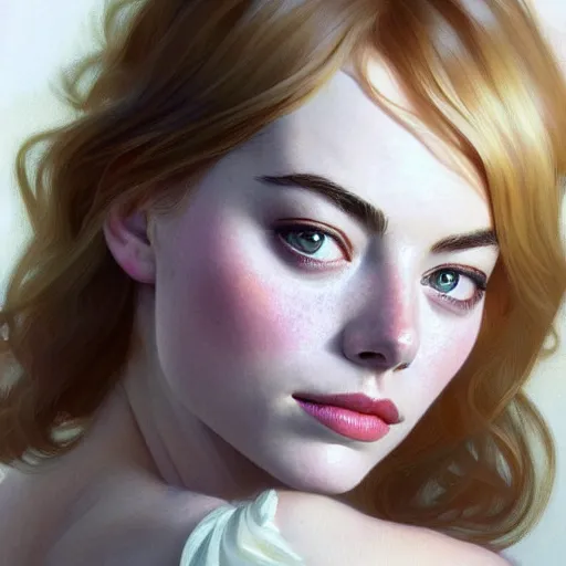 Prompt: beautiful natural mixture of Emma Stone, Emma Roberts, Margot Robbie, annasophia Robb and Rhyan Gosling, intricate, elegant, highly detailed, digital painting, artstation, concept art, smooth, sharp focus, illustration, art by artgerm and greg rutkowski and alphonse mucha and loish and WLOP