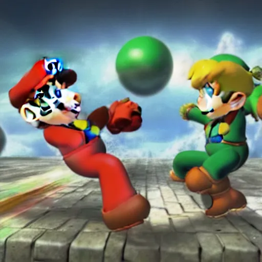 Image similar to Mario, Link, and Samus fighting, in the style of hayao miyazaki, 4k