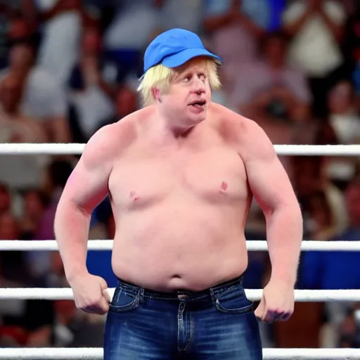 Image similar to boris johnson wearing a blue baseball cap hat and jeans in wwe as a muscular wrestler. he is holding one hand near his face