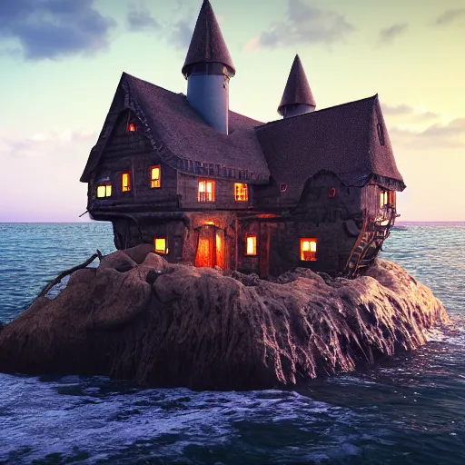 Image similar to a witches house on the ocean, epic scene, redshift render, cgi, hyper - detailed, photo - bash, 8 k post - production, masterpiece