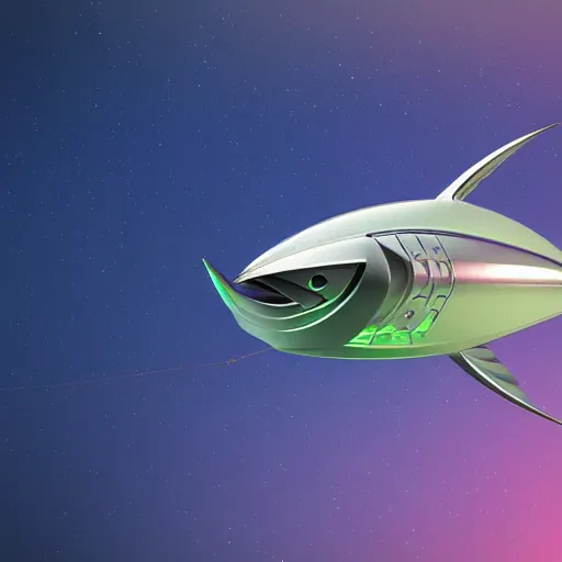 Prompt: Tuna shaped spaceship, elegant, futuristic, fish, 3d render