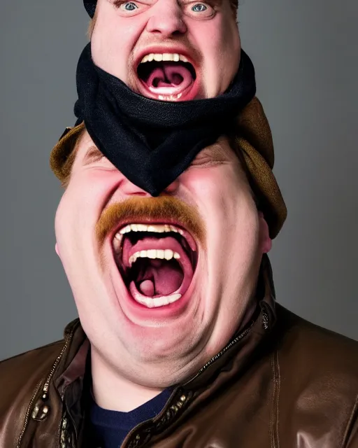Prompt: headshot of a crazed smiling, mouth open, chris farley, he is wearing a leather bomber cap on his head, he is also wearing an a 2 flight jacket, a long white wool scarf is wrapped around his neck, he has a 5 o'clock shadow