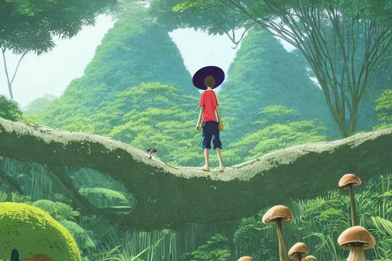 Prompt: insane perspective down view of a young adventurer boy with a hat on a large open path entering a vast paradise jungle with a distant clearing, giant mushrooms, large white birds flying, exotic vegetation, large rocks with thick moss, large jungle flowers, huge suspended wooden bridge, very graphic illustration by moebius and victo ngai, ghibli spirited away vibe, dynamic lighting, early morning mood