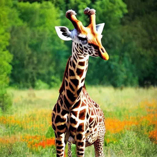 Image similar to photo of a beautiful giraffe with horns in a colorful meadow tom of finland style