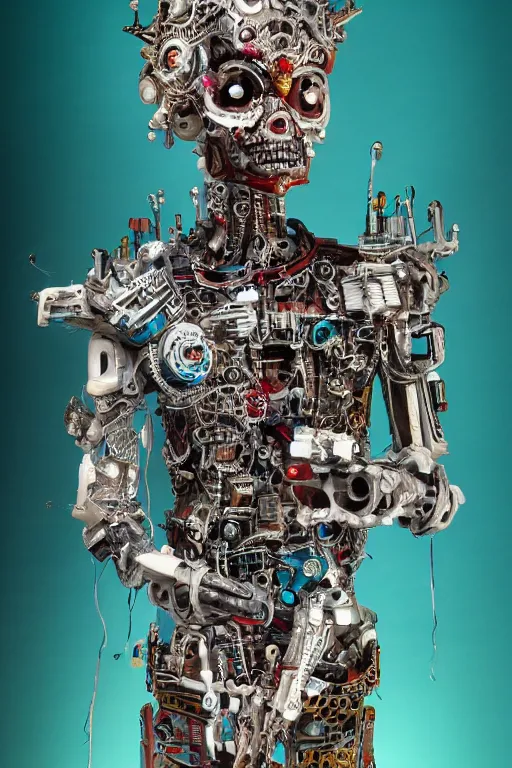 Prompt: full-body cyberpunk style sculpture of a young handsome Aztec prince half android with a chest opening exposing sparked circuitry, exposed motherboard, glowing red eyes, crown of white roses, flowing teal-colored silk, fabric, flowers. baroque elements, human skull. full-length view. baroque element. intricate artwork by caravaggio. many many birds birds on background. Trending on artstation, octane render, cinematic lighting from the right, hyper realism, octane render, 8k, depth of field, 3D